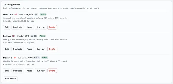 Skald tracking profiles with sample data, each showing its tries, questions, daily cap and monthly estimate