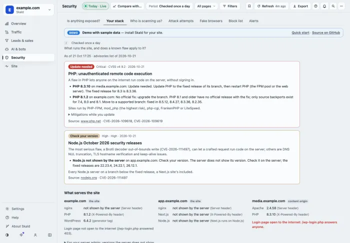 Skald Security, Your stack, with sample data: a PHP advisory card marked Update needed for one host and no official fix for another, a Node.js card marked Check your version, and what serves each host with versions or not shown by the server