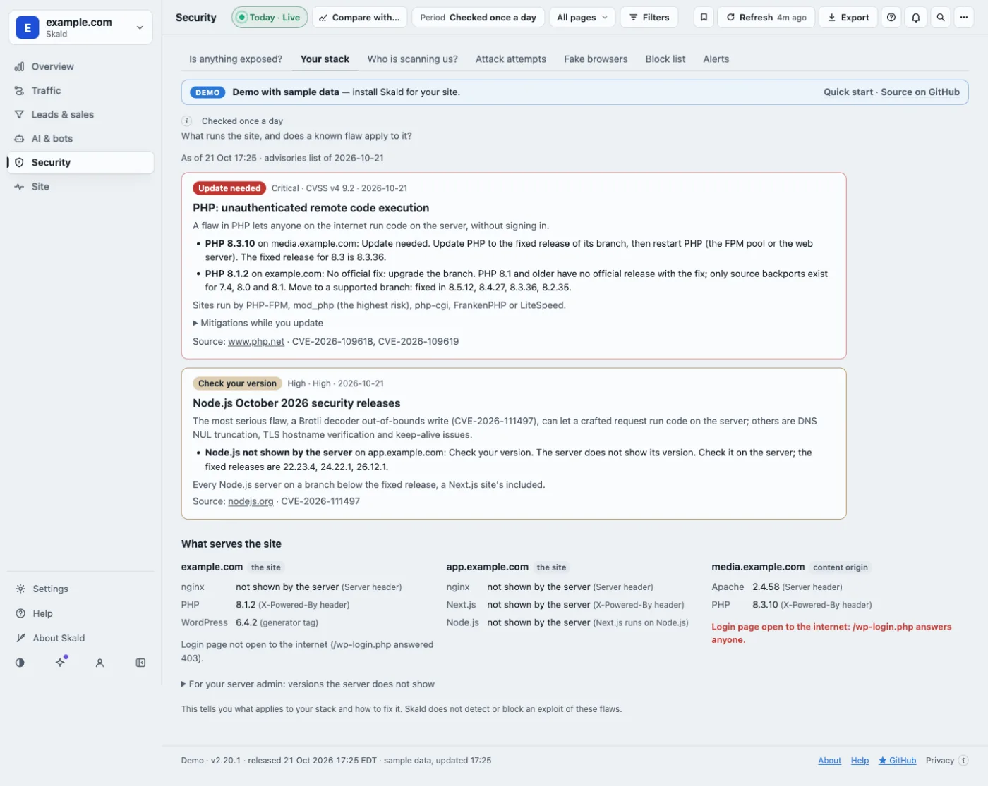 Security, Your stack, with sample data: the PHP advisory card with Update needed for PHP 8.3.10 and no official fix for PHP 8.1.2, the Node.js advisory with Check your version, and what serves each host: nginx, PHP, WordPress and Next.js, with versions or not shown by the server.