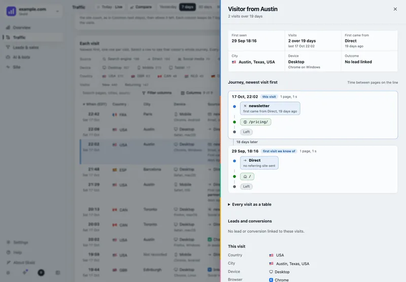 Skald visitor drawer with sample data: a visitor's two visits over 19 days, the pages of each, and the lead section